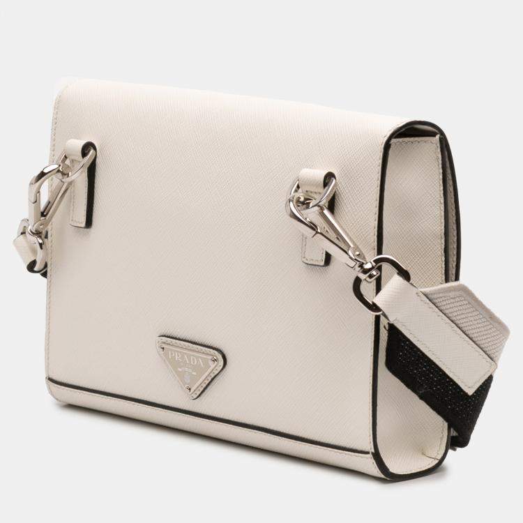 Pre Owned Prada White Saffiano Triangle Embossed Logo Flap Crossbody