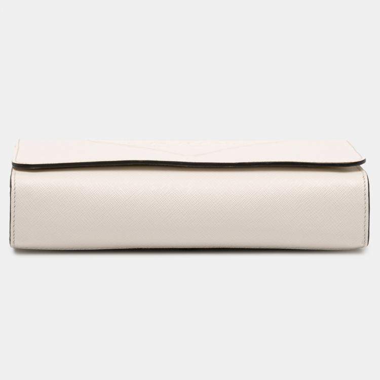 Pre Owned Prada White Saffiano Triangle Embossed Logo Flap Crossbody