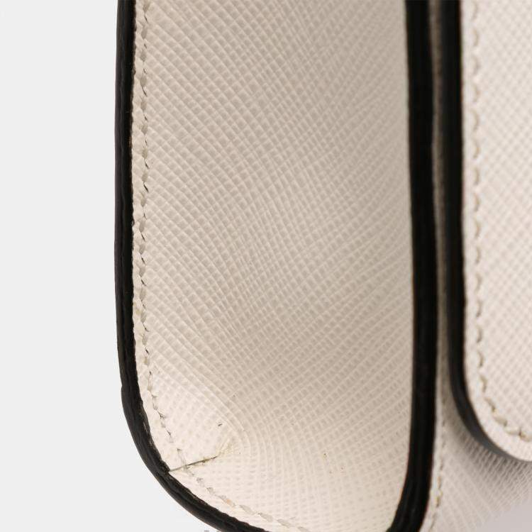 Pre Owned Prada White Saffiano Triangle Embossed Logo Flap Crossbody