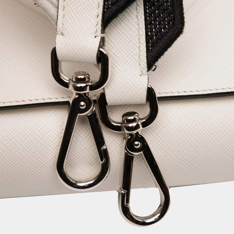 Pre Owned Prada White Saffiano Triangle Embossed Logo Flap Crossbody