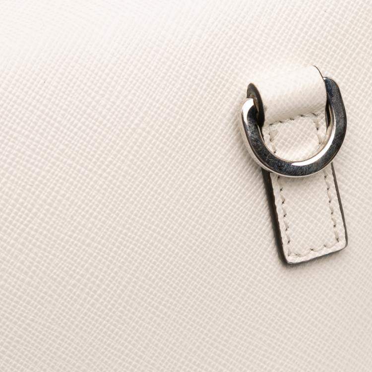 Pre Owned Prada White Saffiano Triangle Embossed Logo Flap Crossbody