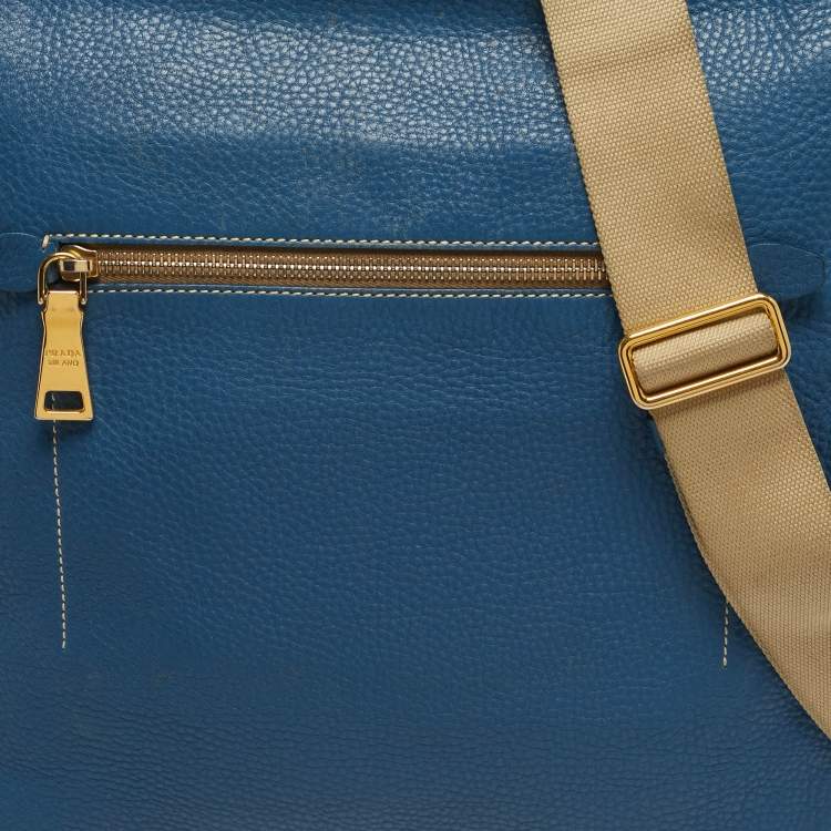Pre Owned Prada Front Pocket Blue/Cream Vitello Daino Leather Messenger Bag