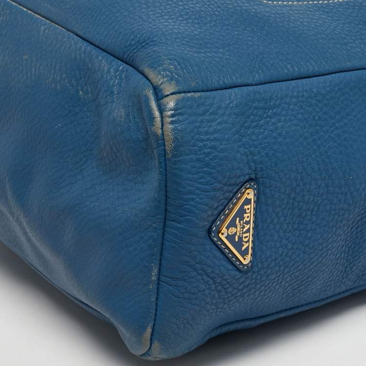 Pre Owned Prada Front Pocket Blue/Cream Vitello Daino Leather Messenger Bag
