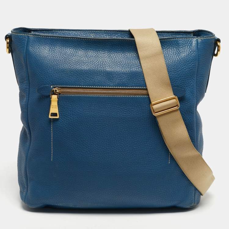 Pre Owned Prada Front Pocket Blue/Cream Vitello Daino Leather Messenger Bag