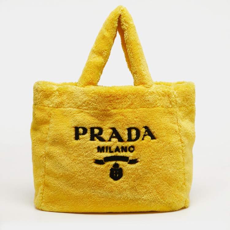 Pre Owned Prada Logo Yellow/Black Terrycloth Beach Bag