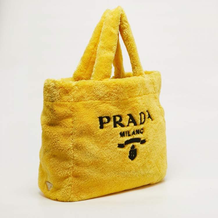 Pre Owned Prada Logo Yellow/Black Terrycloth Beach Bag