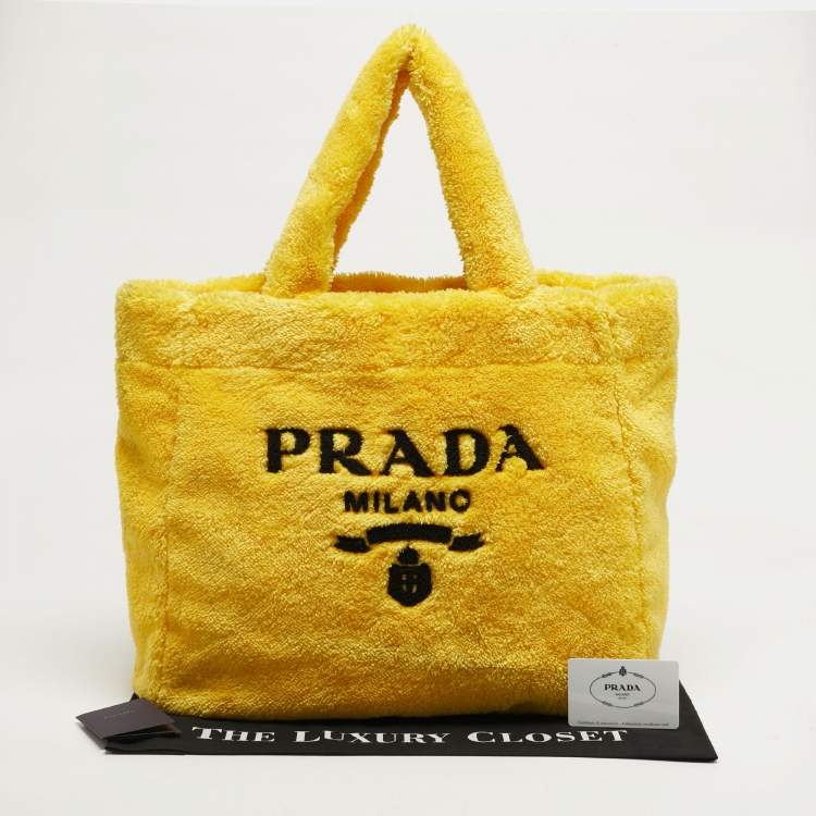 Pre Owned Prada Logo Yellow/Black Terrycloth Beach Bag