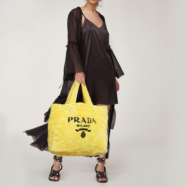 Pre Owned Prada Logo Yellow/Black Terrycloth Beach Bag