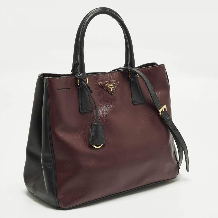 Pre Owned Prada Gardener's Medium Burgundy/Black Saffiano Leather Tote