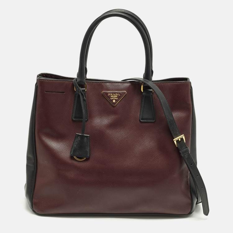 Pre Owned Prada Gardener's Medium Burgundy/Black Saffiano Leather Tote