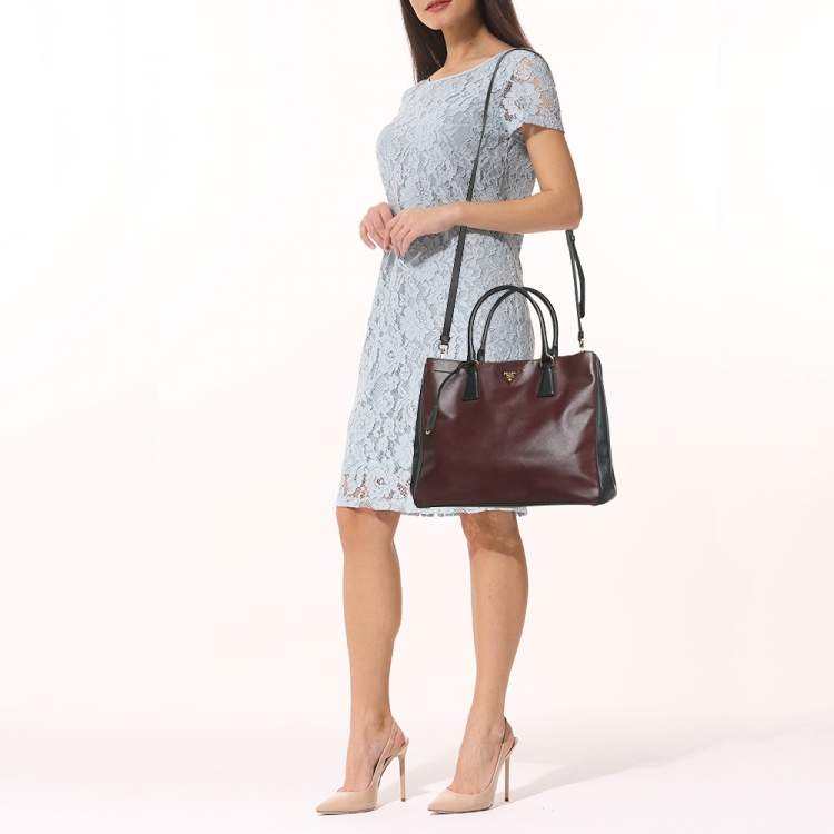 Pre Owned Prada Gardener's Medium Burgundy/Black Saffiano Leather Tote