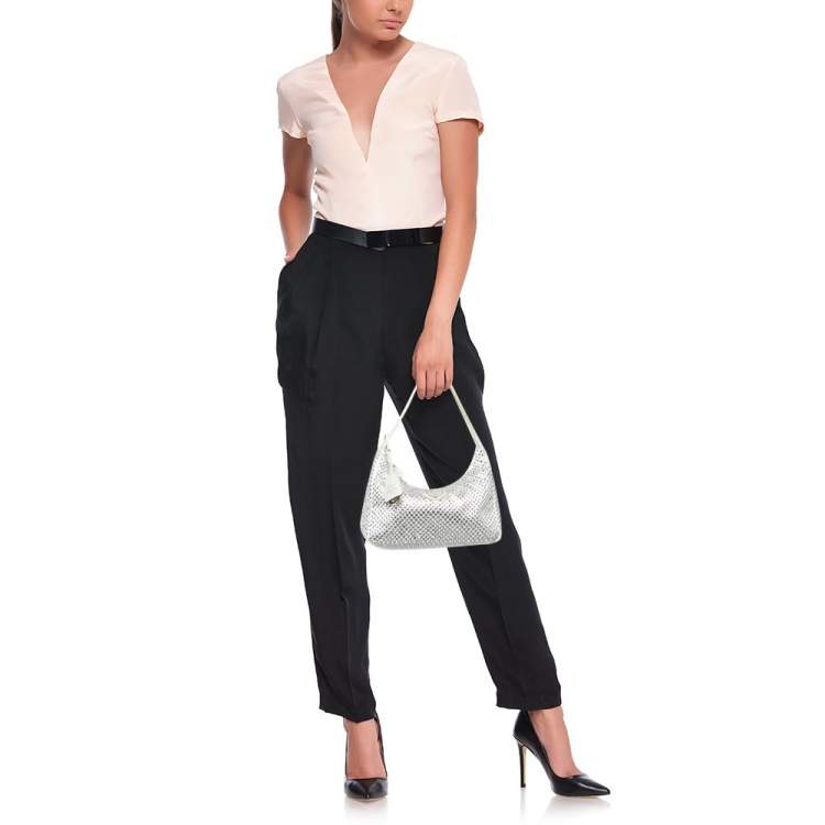 Pre Owned Prada Re-Edition 2000 Crystals Off White Satin Shoulder Bag