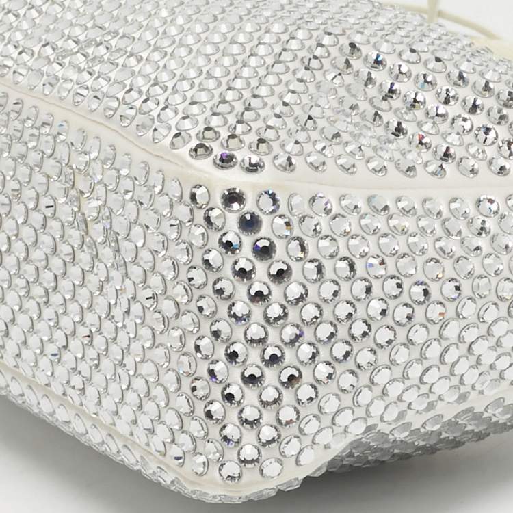 Pre Owned Prada Re-Edition 2000 Crystals Off White Satin Shoulder Bag