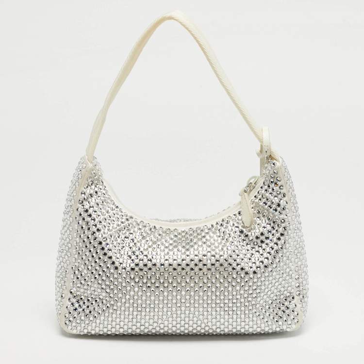 Pre Owned Prada Re-Edition 2000 Crystals Off White Satin Shoulder Bag
