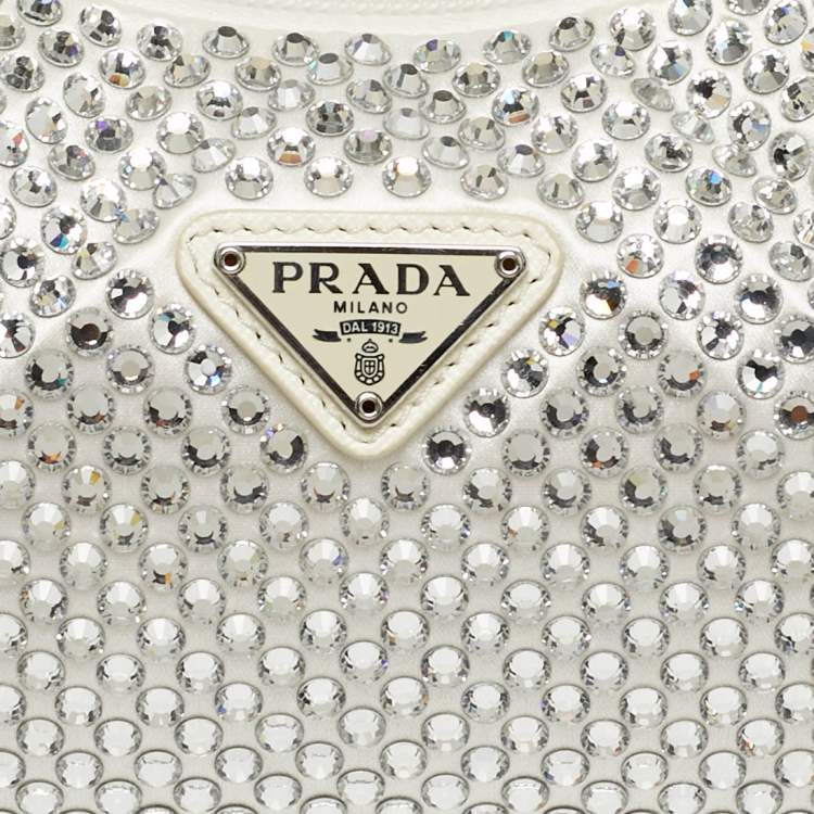 Pre Owned Prada Re-Edition 2000 Crystals Off White Satin Shoulder Bag
