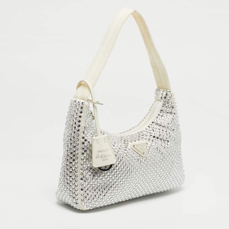 Pre Owned Prada Re-Edition 2000 Crystals Off White Satin Shoulder Bag