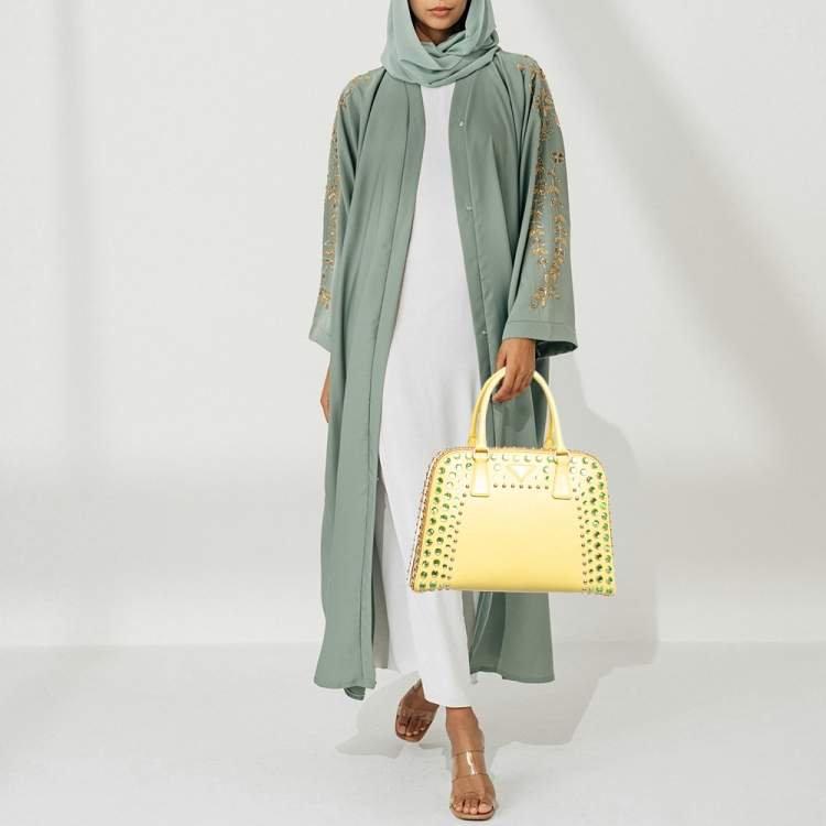 Pre Owned Prada Pyramid Frame Yellow/Brown Saffiano Lux Leather Crystal Embellished Satchel