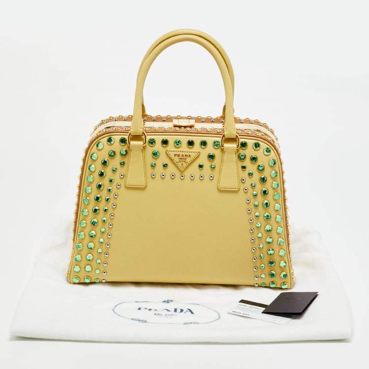Pre Owned Prada Pyramid Frame Yellow/Brown Saffiano Lux Leather Crystal Embellished Satchel