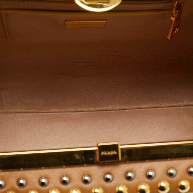 Pre Owned Prada Pyramid Frame Yellow/Brown Saffiano Lux Leather Crystal Embellished Satchel