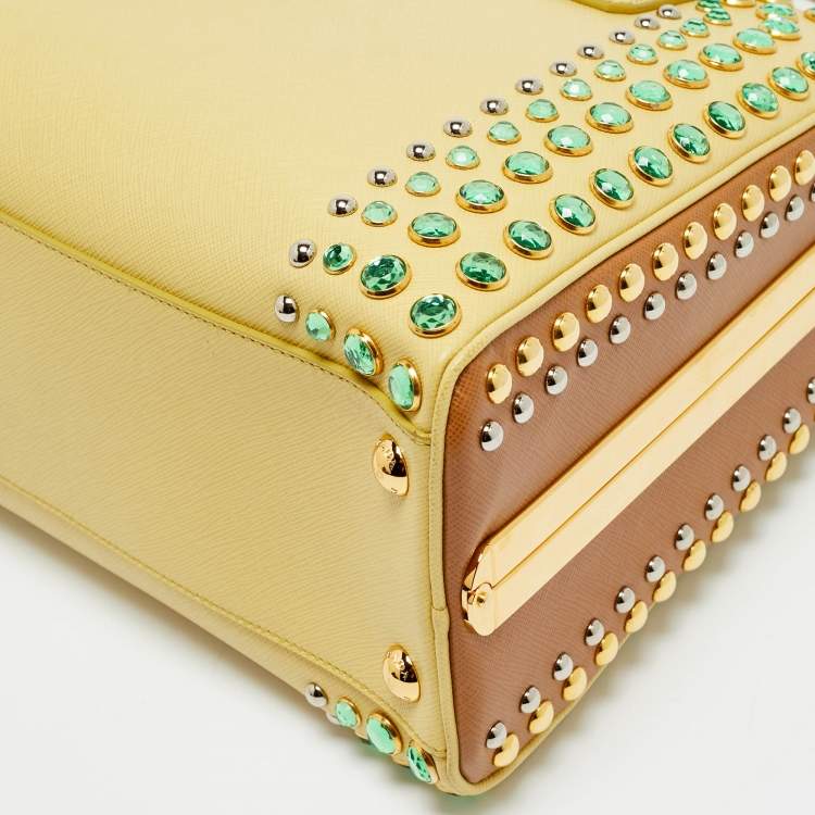 Pre Owned Prada Pyramid Frame Yellow/Brown Saffiano Lux Leather Crystal Embellished Satchel