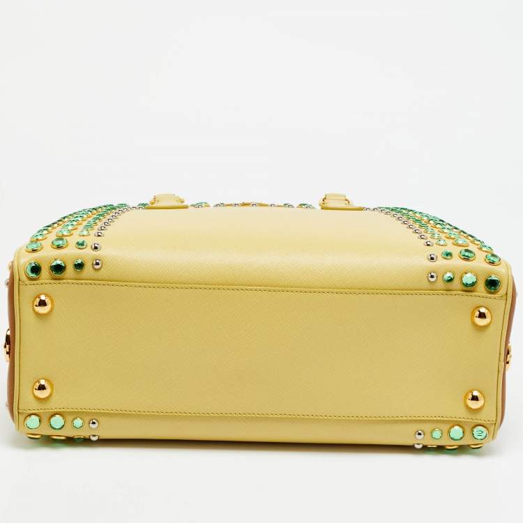 Pre Owned Prada Pyramid Frame Yellow/Brown Saffiano Lux Leather Crystal Embellished Satchel