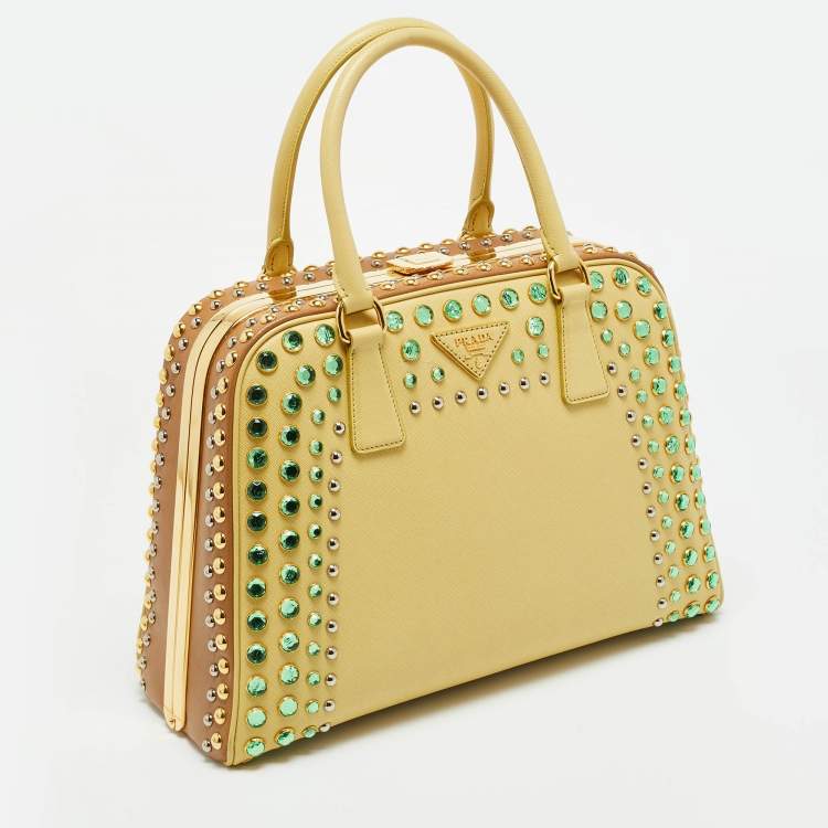 Pre Owned Prada Pyramid Frame Yellow/Brown Saffiano Lux Leather Crystal Embellished Satchel
