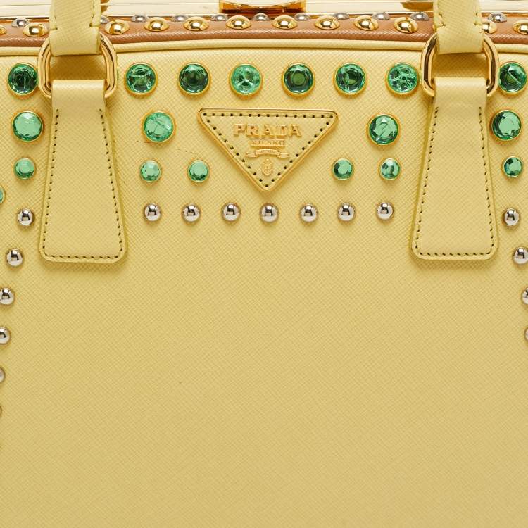 Pre Owned Prada Pyramid Frame Yellow/Brown Saffiano Lux Leather Crystal Embellished Satchel