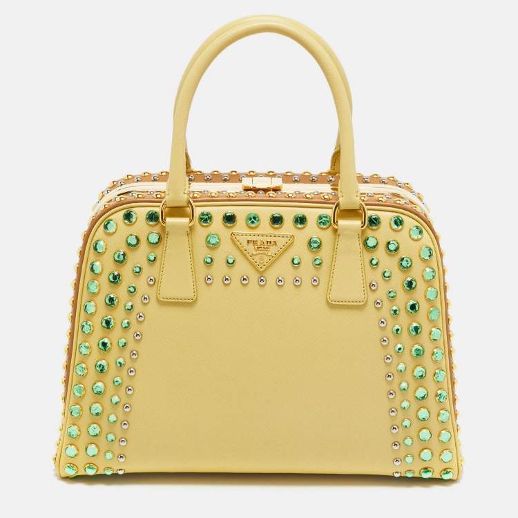 Pre Owned Prada Pyramid Frame Yellow/Brown Saffiano Lux Leather Crystal Embellished Satchel