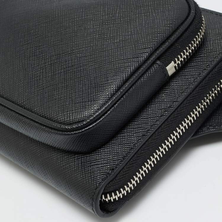 Pre Owned حقيبة حزام برادا جلد سافيانو لوكس أسود للسفر