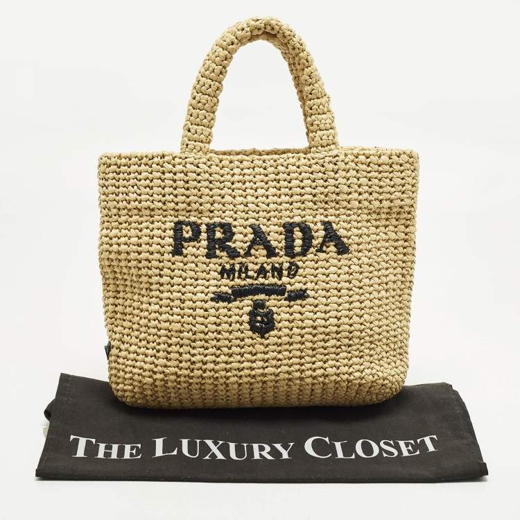 Pre Owned Prada Logo Cream/Black Raffia Tote