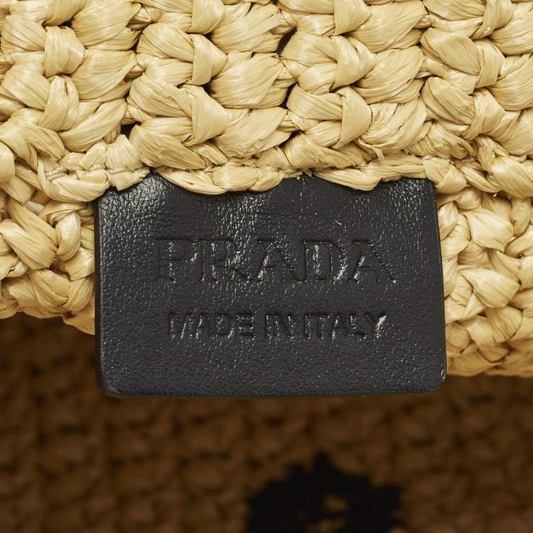 Pre Owned Prada Logo Cream/Black Raffia Tote