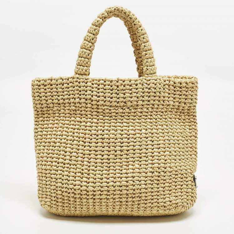 Pre Owned Prada Logo Cream/Black Raffia Tote