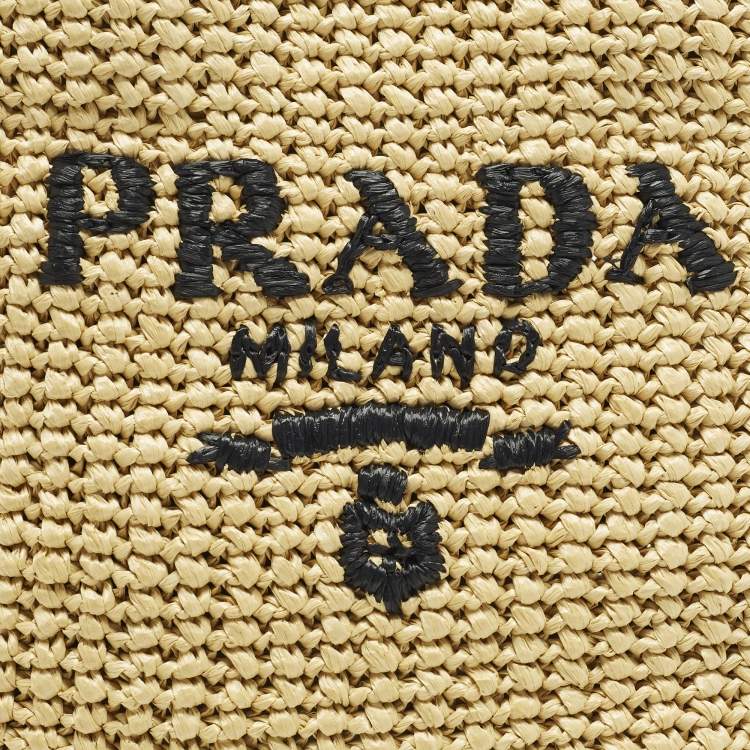 Pre Owned Prada Logo Cream/Black Raffia Tote