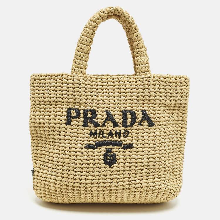 Pre Owned Prada Logo Cream/Black Raffia Tote