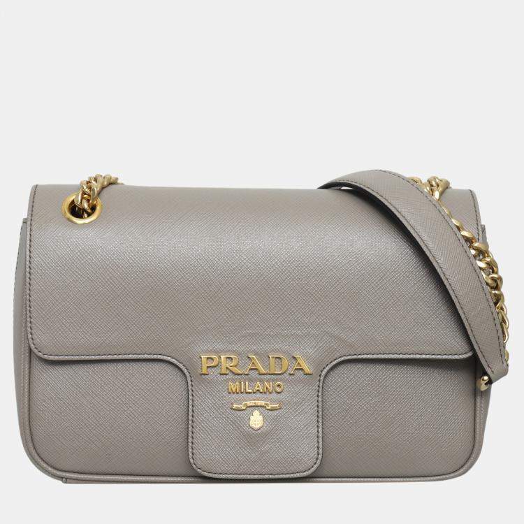 Pre Owned Prada Grey Saffiano Flap Chain Shoulder Bag