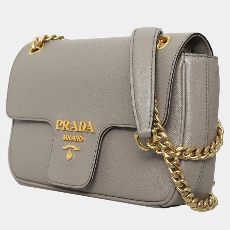 Pre Owned Prada Grey Saffiano Flap Chain Shoulder Bag
