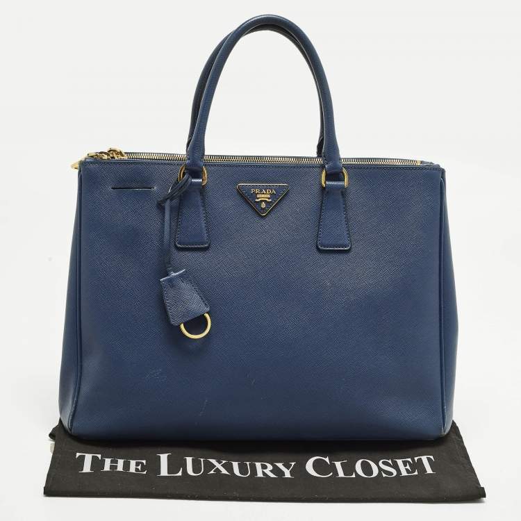 Pre Owned Prada Galleria Large Navy Blue Saffiano Lux Leather Double Zip Tote