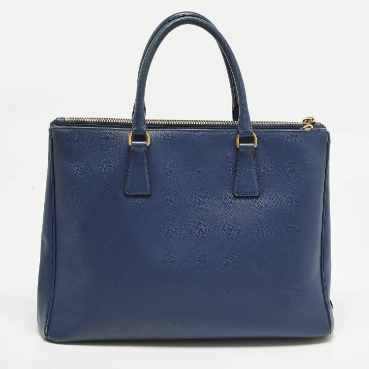 Pre Owned Prada Galleria Large Navy Blue Saffiano Lux Leather Double Zip Tote