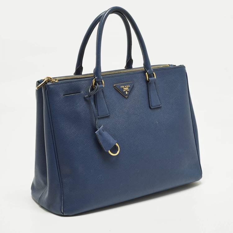 Pre Owned Prada Galleria Large Navy Blue Saffiano Lux Leather Double Zip Tote
