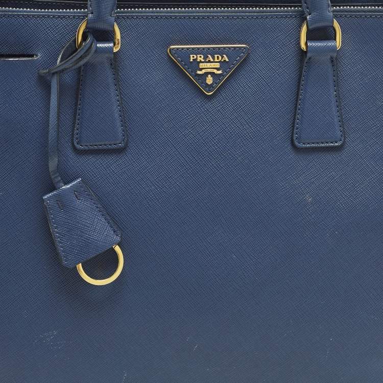 Pre Owned Prada Galleria Large Navy Blue Saffiano Lux Leather Double Zip Tote
