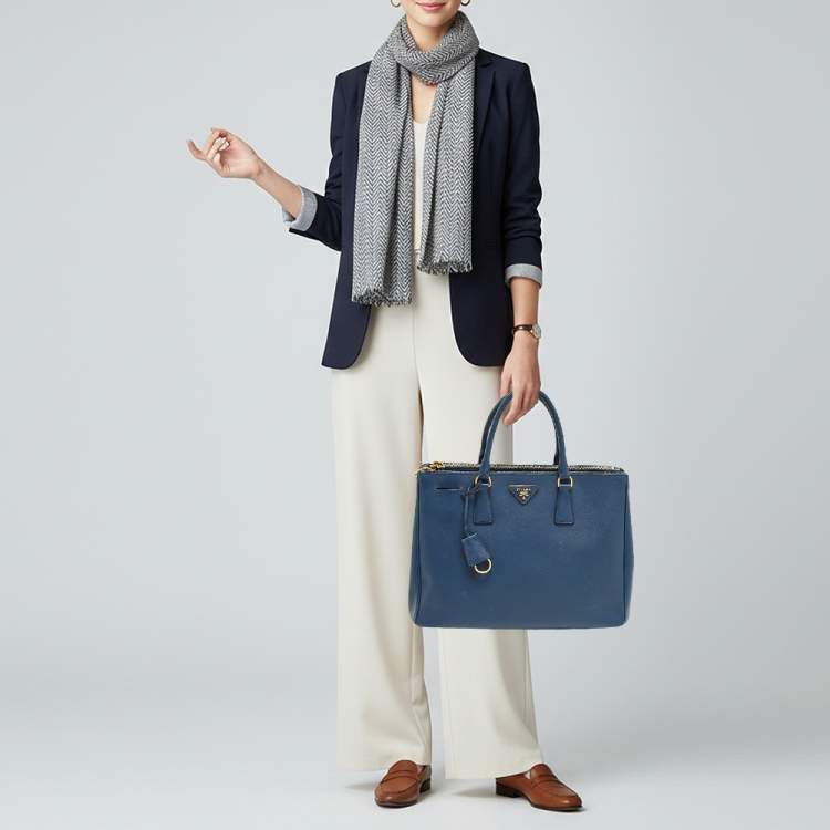 Pre Owned Prada Galleria Large Navy Blue Saffiano Lux Leather Double Zip Tote