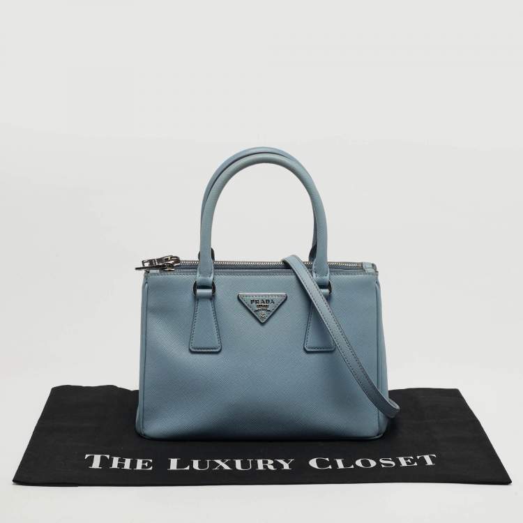 Pre Owned Prada Galleria Small Light Blue Saffiano Lux Leather Double Zip Tote