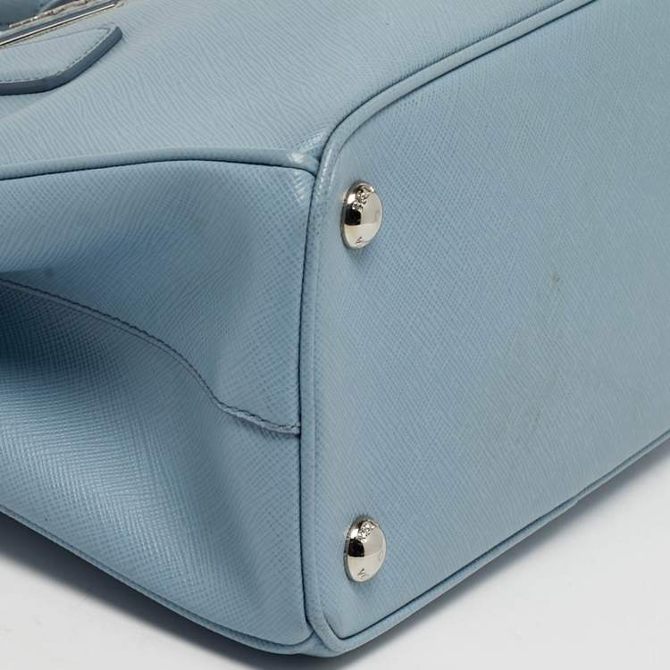 Pre Owned Prada Galleria Small Light Blue Saffiano Lux Leather Double Zip Tote