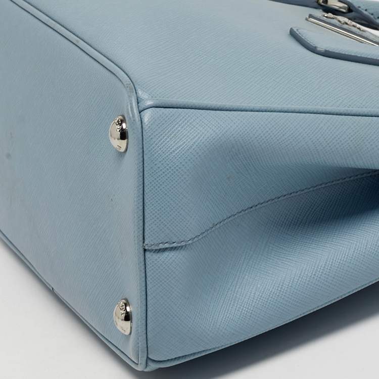 Pre Owned Prada Galleria Small Light Blue Saffiano Lux Leather Double Zip Tote