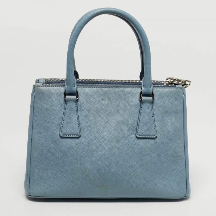 Pre Owned Prada Galleria Small Light Blue Saffiano Lux Leather Double Zip Tote