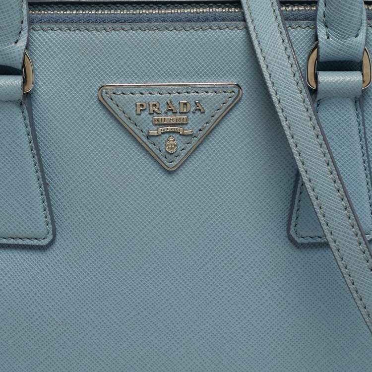 Pre Owned Prada Galleria Small Light Blue Saffiano Lux Leather Double Zip Tote