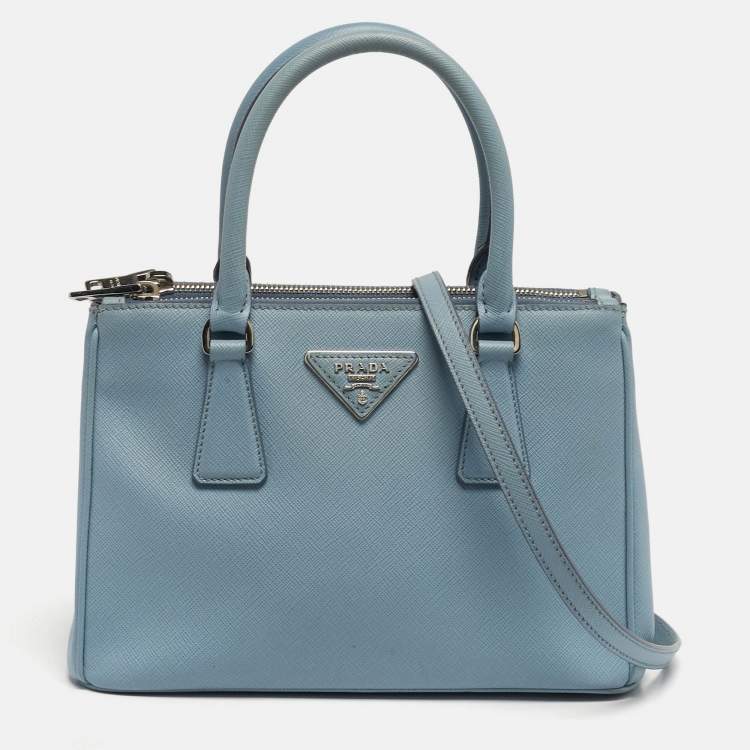 Pre Owned Prada Galleria Small Light Blue Saffiano Lux Leather Double Zip Tote