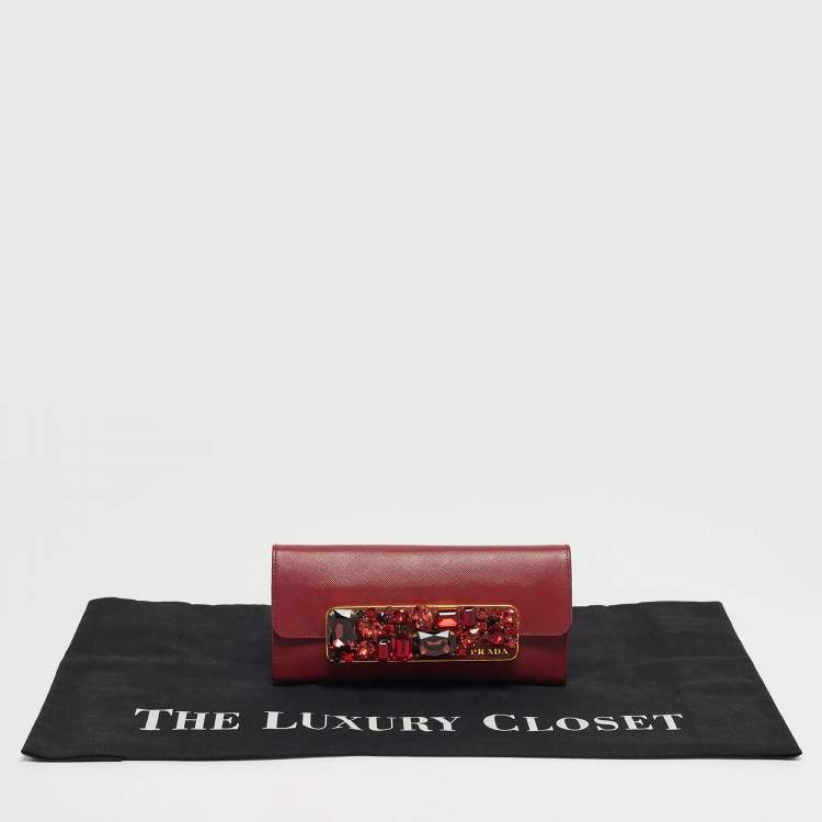 Pre Owned Prada Dark Red Leather Crystal Embellished Flap Continental Wallet