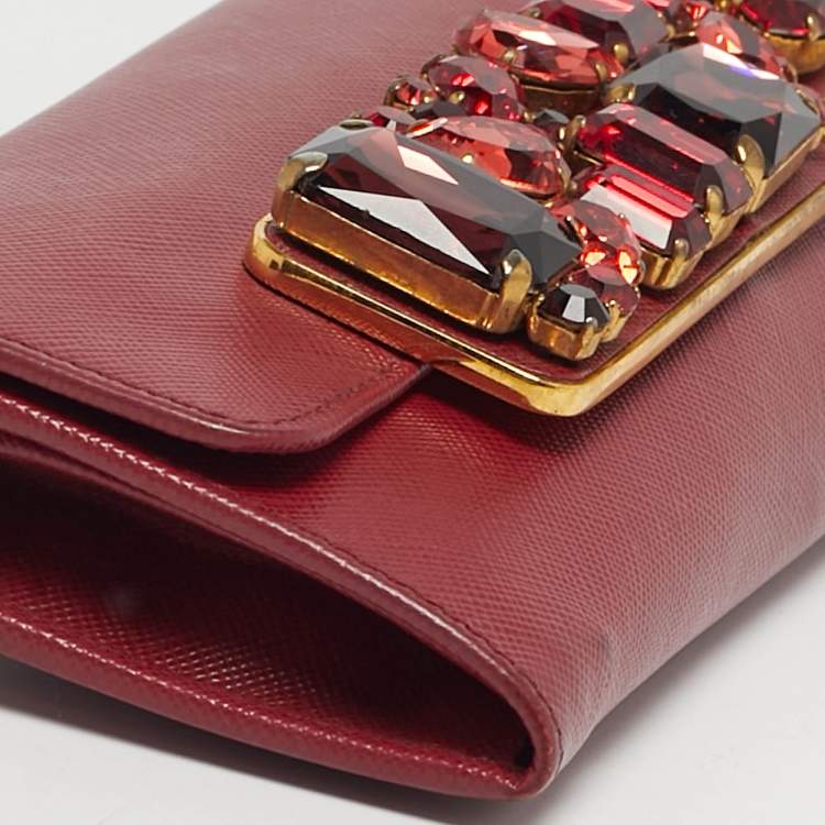 Pre Owned Prada Dark Red Leather Crystal Embellished Flap Continental Wallet