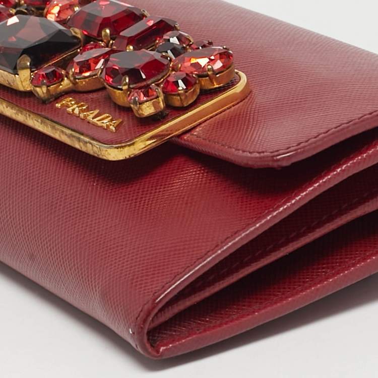 Pre Owned Prada Dark Red Leather Crystal Embellished Flap Continental Wallet